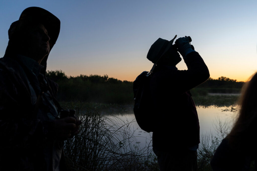 Two men with binoculars outside at dusk. One man is looking up using the binoculars