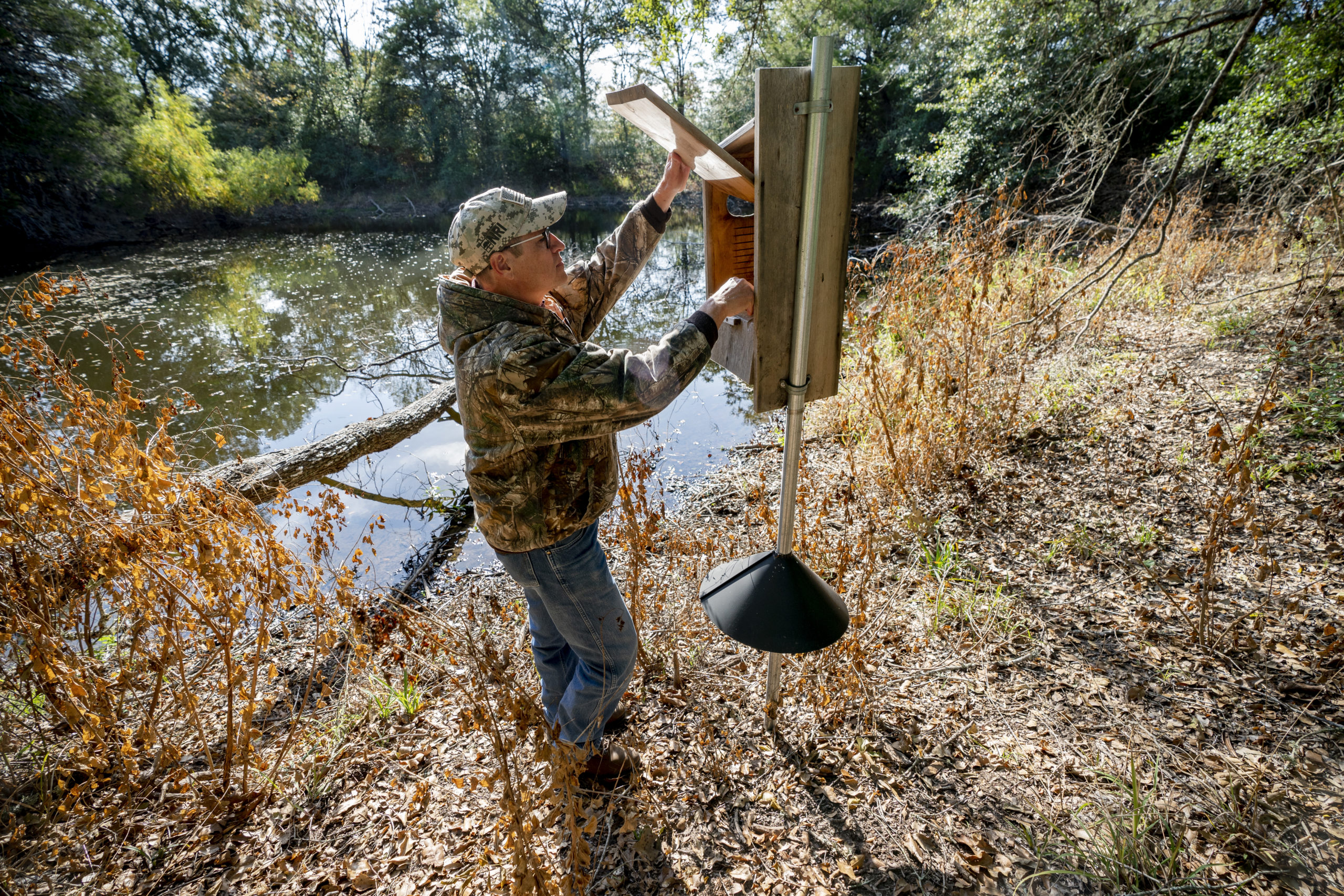 A male student looks inside a large bird house at the edge of a woodland pond.