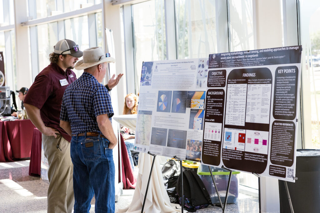 Student presenting his research on boards